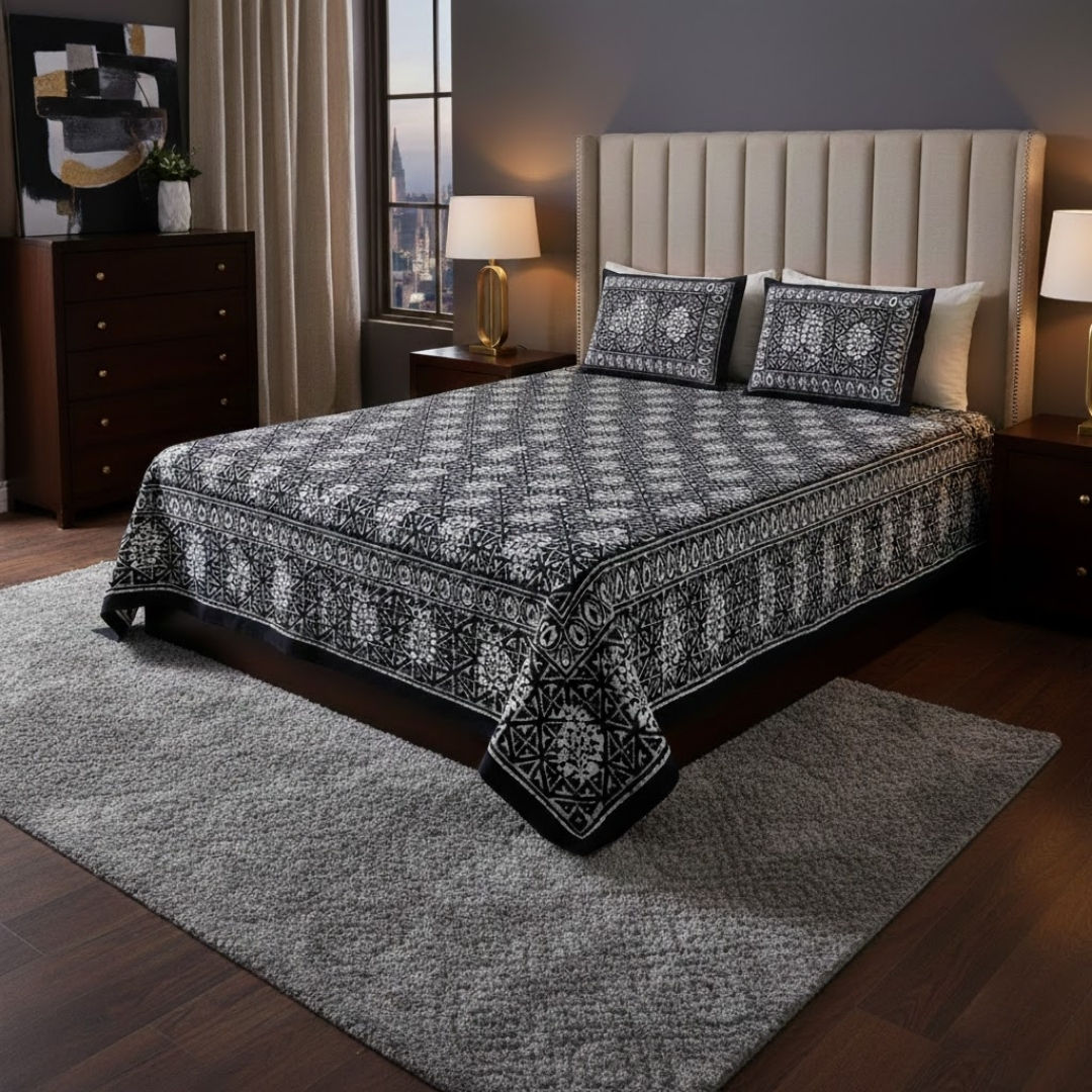 Grey Buta Dabu Print Jaipuri Double Bedsheet